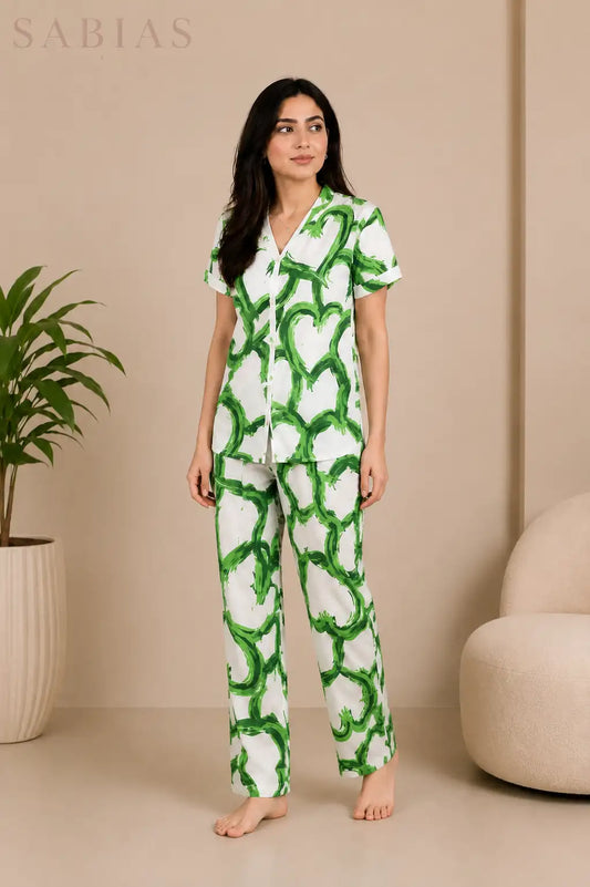Green Heart Button Nightwear Set Sb001