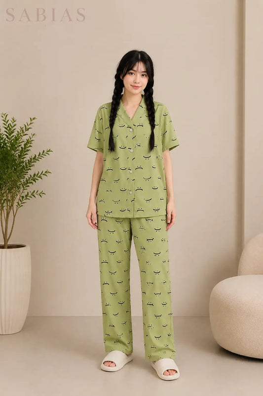 Green Smiley Button Nightwear Set Sb003