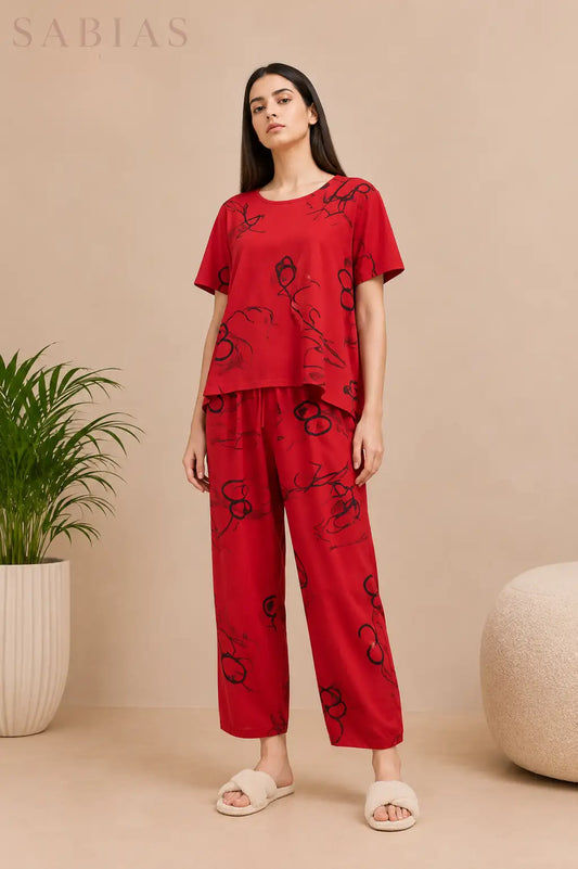 Red Scribble Women Nightwear Set Sb0032