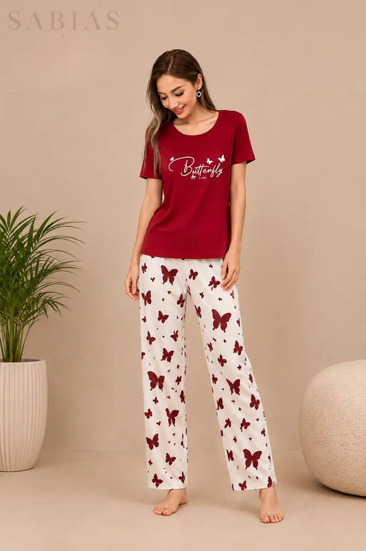 Butterfly Meroon Women Nightwear Set Sb0029